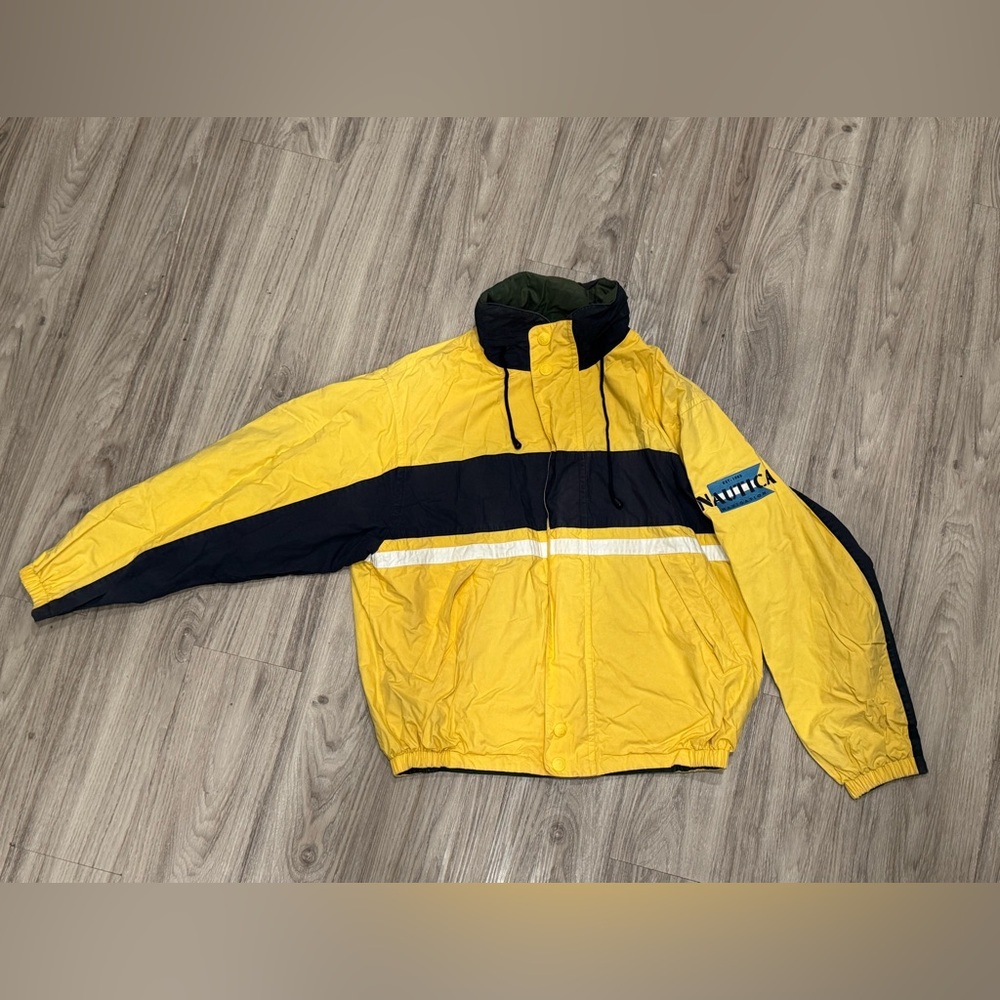 Vintage Nautica Yellow and Green Men's Reversible Jacket